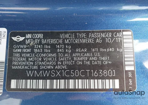 2012 Mini Cooper Coupe из США, поврежденный, VIN WMWSX1C50CT163801